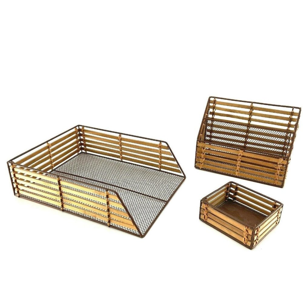 Bamboo & Metal Desk File Office Organozer